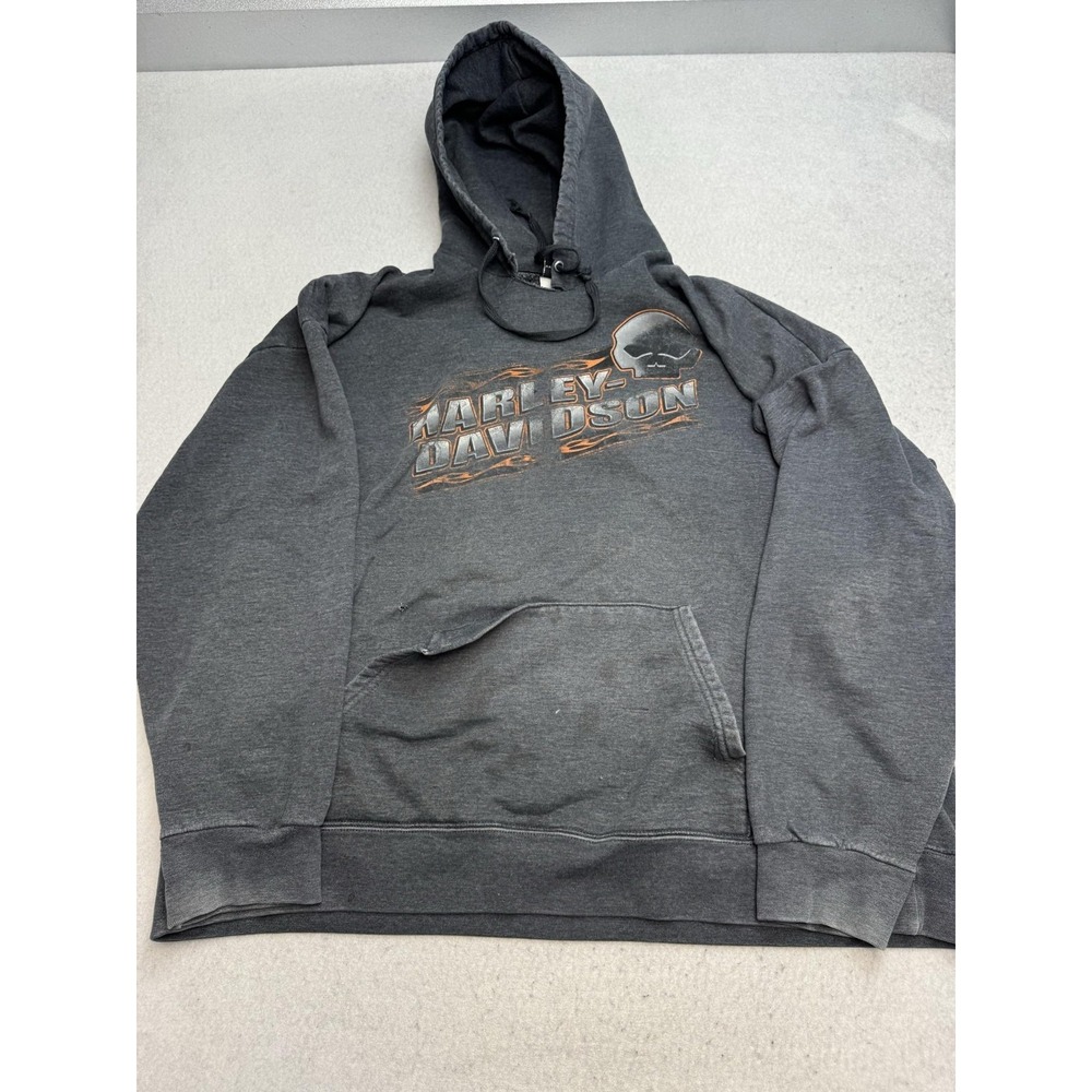 Harley-Davidson Hoodie Mens‎ 2XL Gray Pullover Skull Flames Fleece Sweatshirt